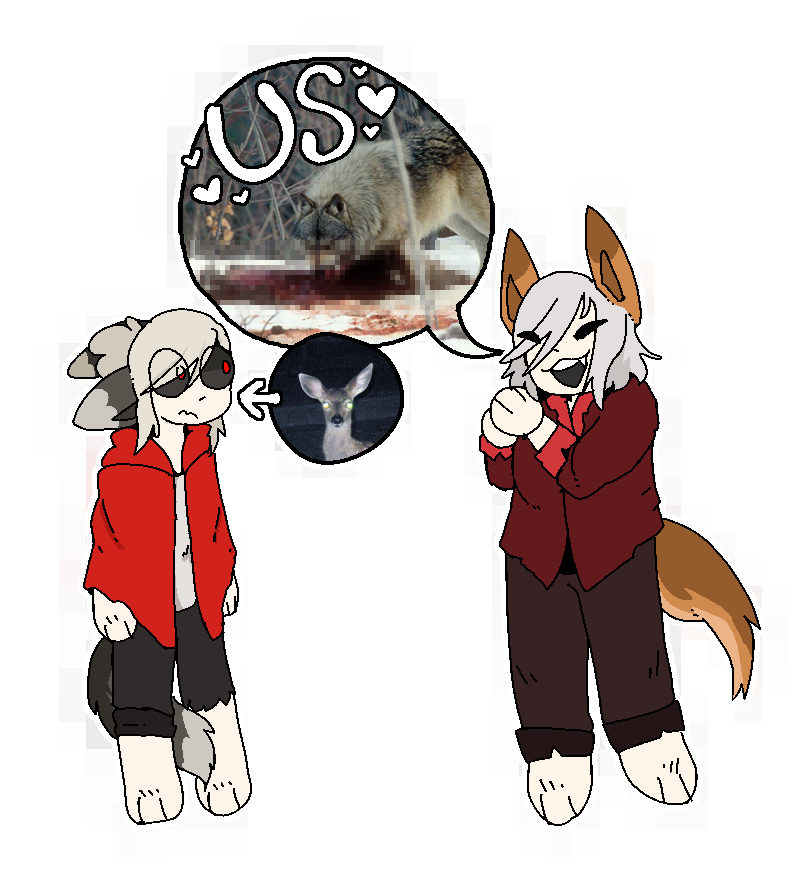 a drawing of vampires SMP avid and pyro. pyro as a speech bubble with a picture of a wolf eating a deer carcass with the text "us". avid has a arrow pointing to him with a picture of a deer in headlights.